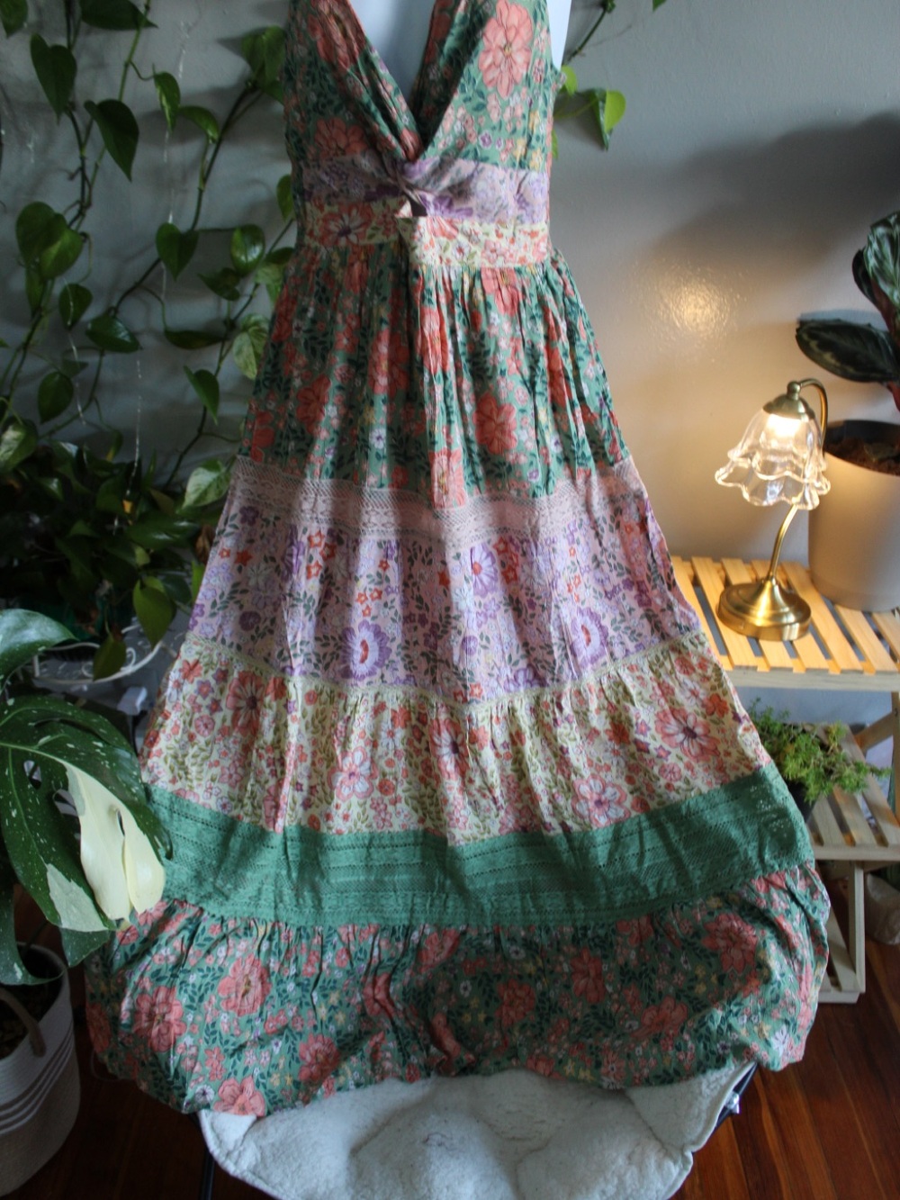 Angie Floral Tiered Maxi Dress in Green, Coral & Lavender - Picture 6 of 9